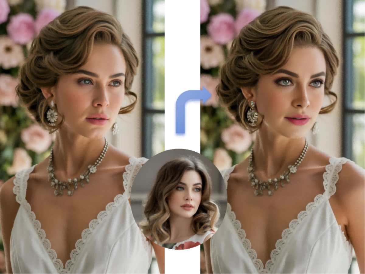 Before/after no-flicker video face swap example